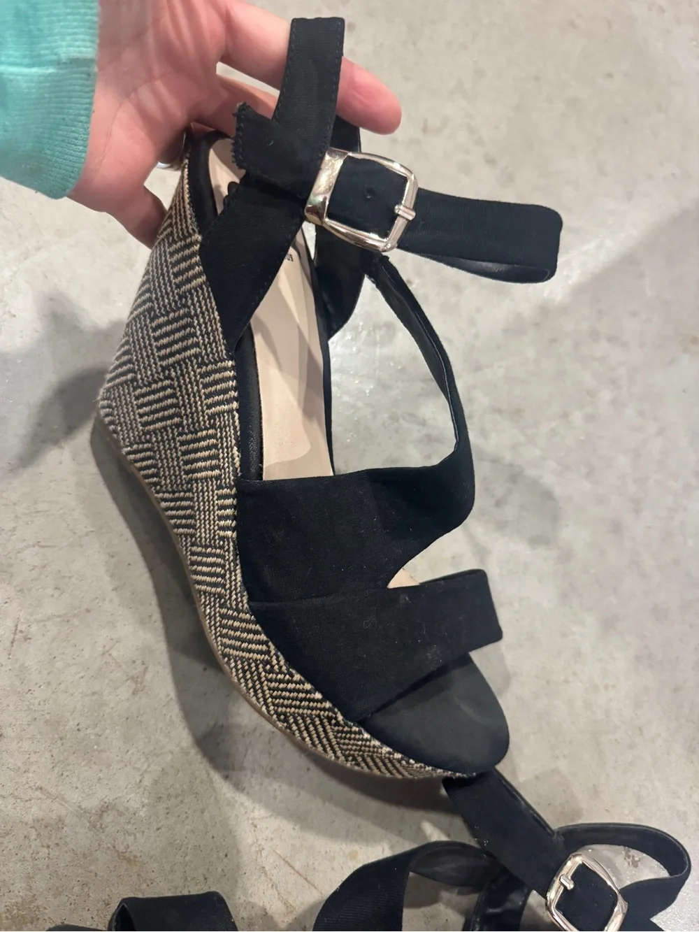 Black Wedge Sandals with Patterned Platform - Women's Ankle Strap